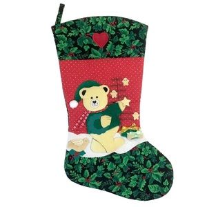 Vintage Franco Christmas Stocking Padded Applique Teddy Bear Heart Holly 1990s